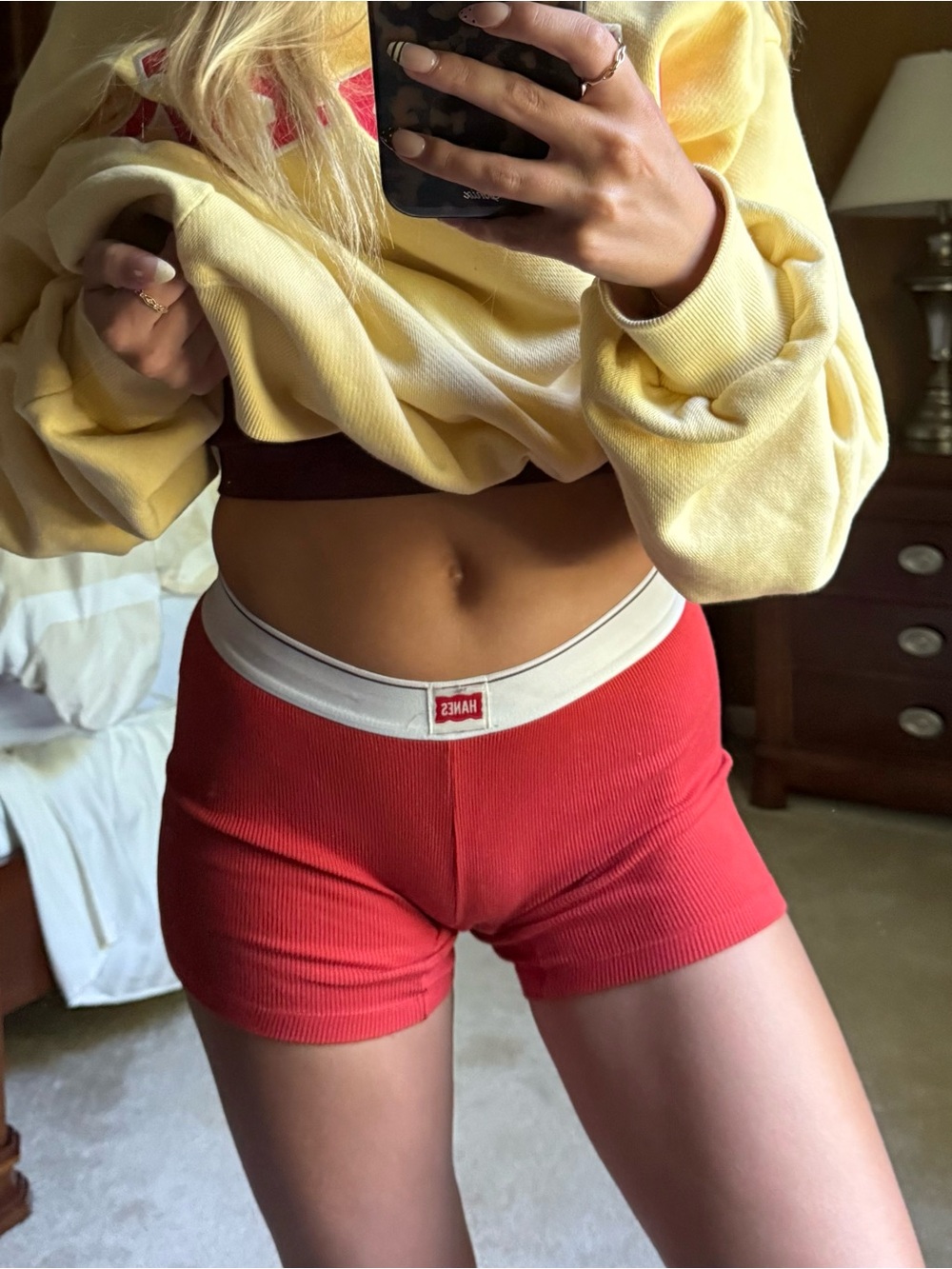 Urban Outfitters Red High-Waist Ribbed Shorts with White Waistband